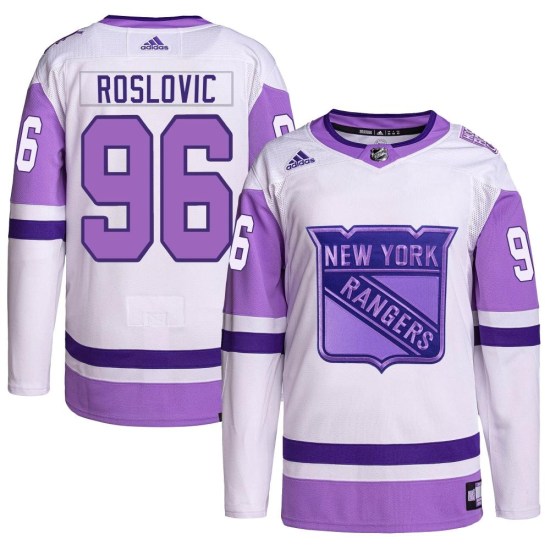 Jack Roslovic New York Rangers Youth Authentic Hockey Fights Cancer Primegreen Adidas Jersey - White/Purple